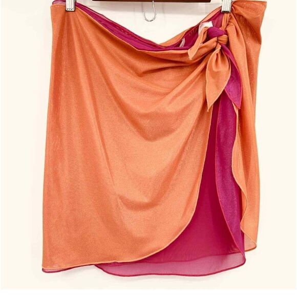 NWT OSEREE SWIMWEAR | Lamé Double Mini Pareo Skirt In orange & Fuscia  Size M/L - Picture 4 of 10